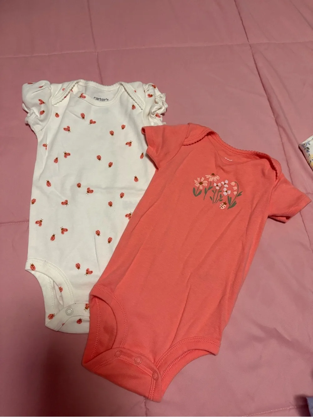 Carter's White & Coral Baby One-Piece Bodysuits - Floral & Ladybug Prints